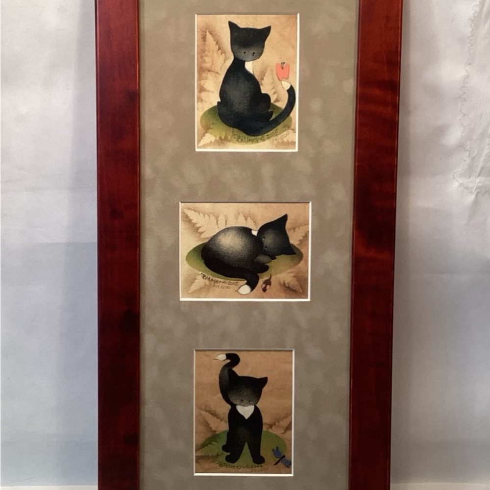 3 Tuxedo Cat Water Color Paintings Art Framed Barbara A. Palmer Folk Art Kitty